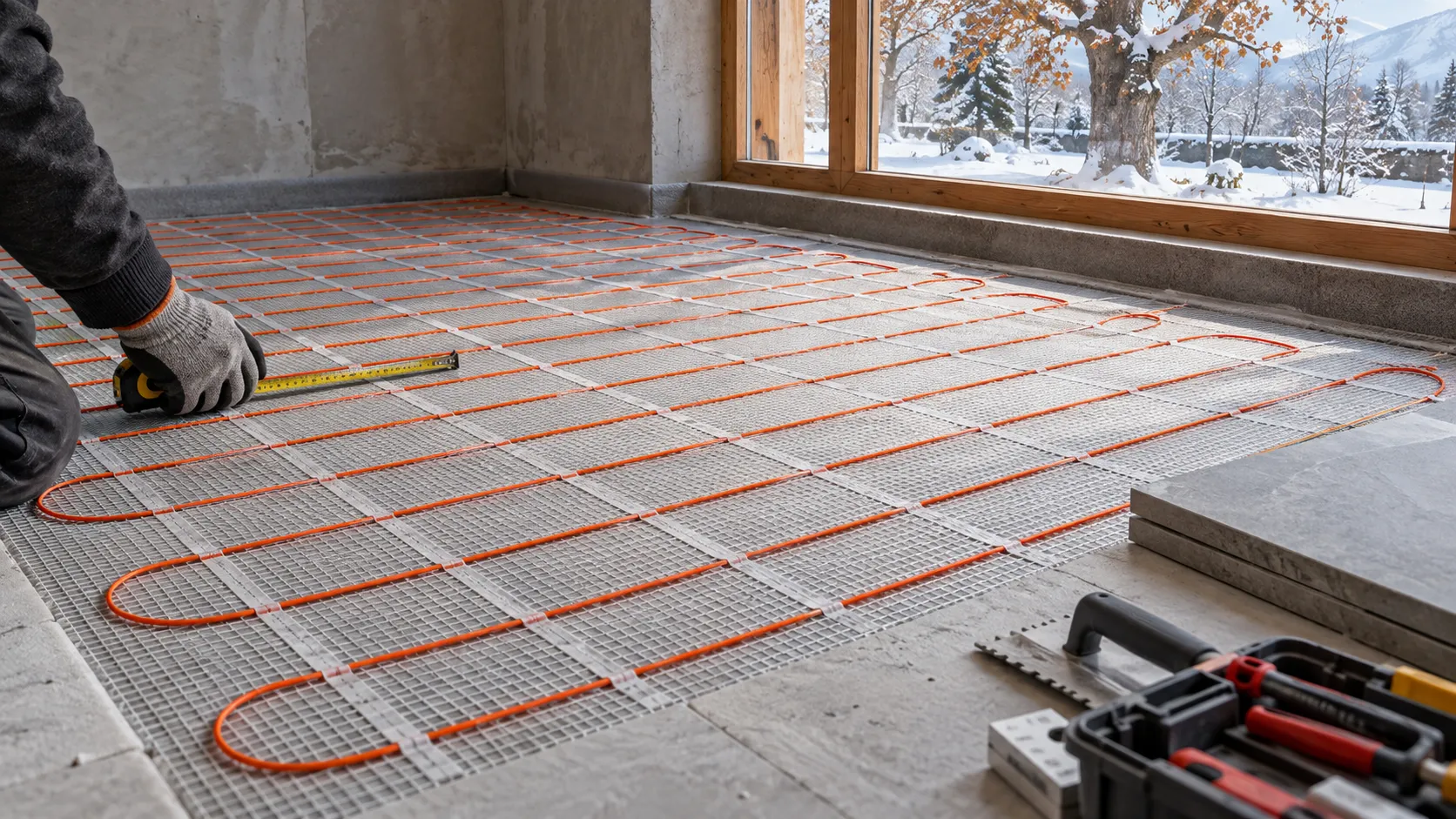 Illustrative electric floor-heating mat prepared in a Kashmir-inspired room before the stone finish is installed