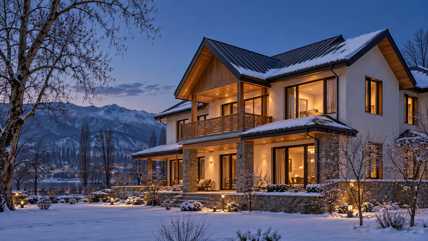 Kashmir-inspired modern home with a pitched roof and warm windows in winter; architectural visualisation