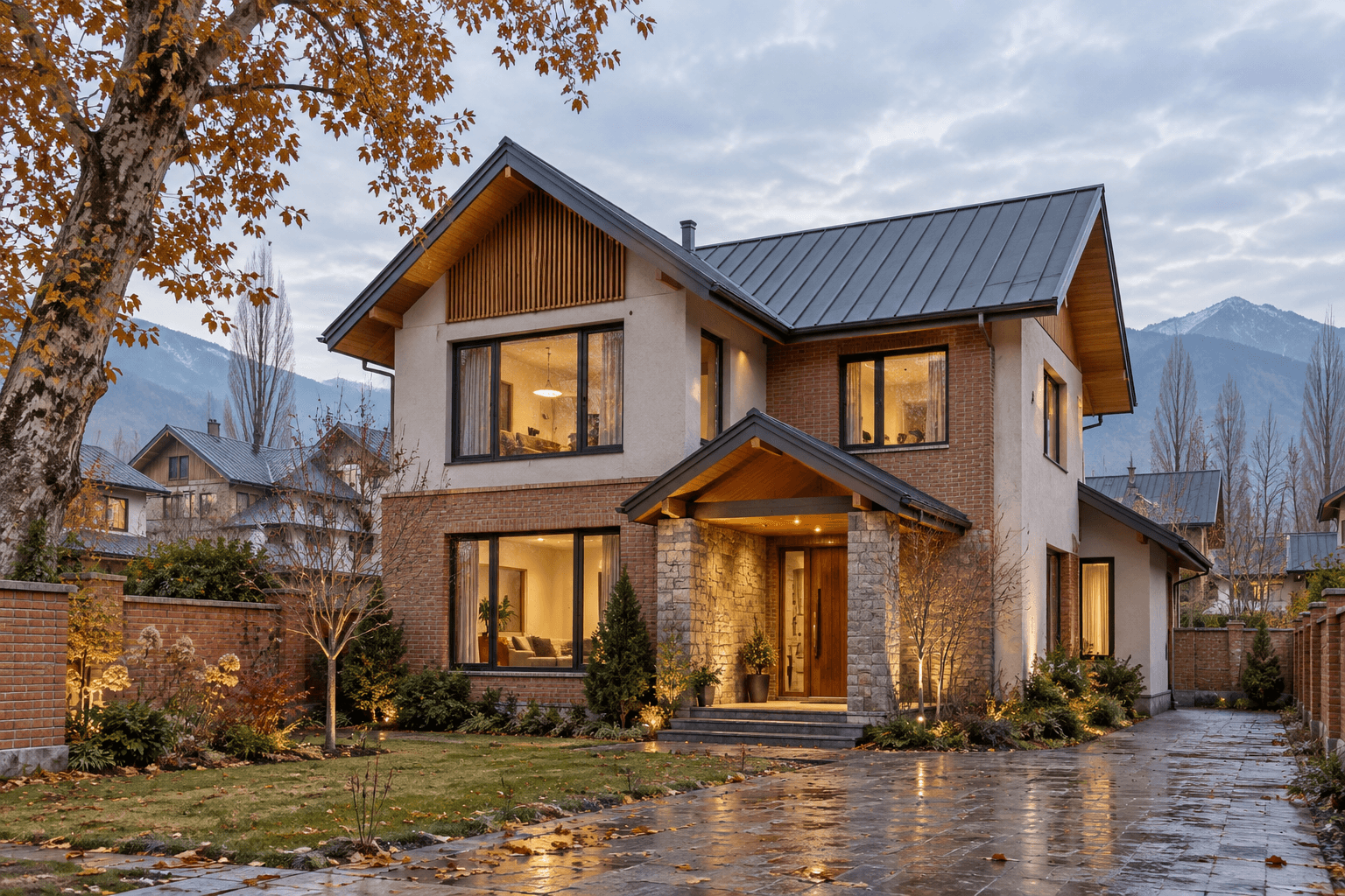 Illustrative contemporary Kashmir family home with pitched metal roofs, brick walls and timber details